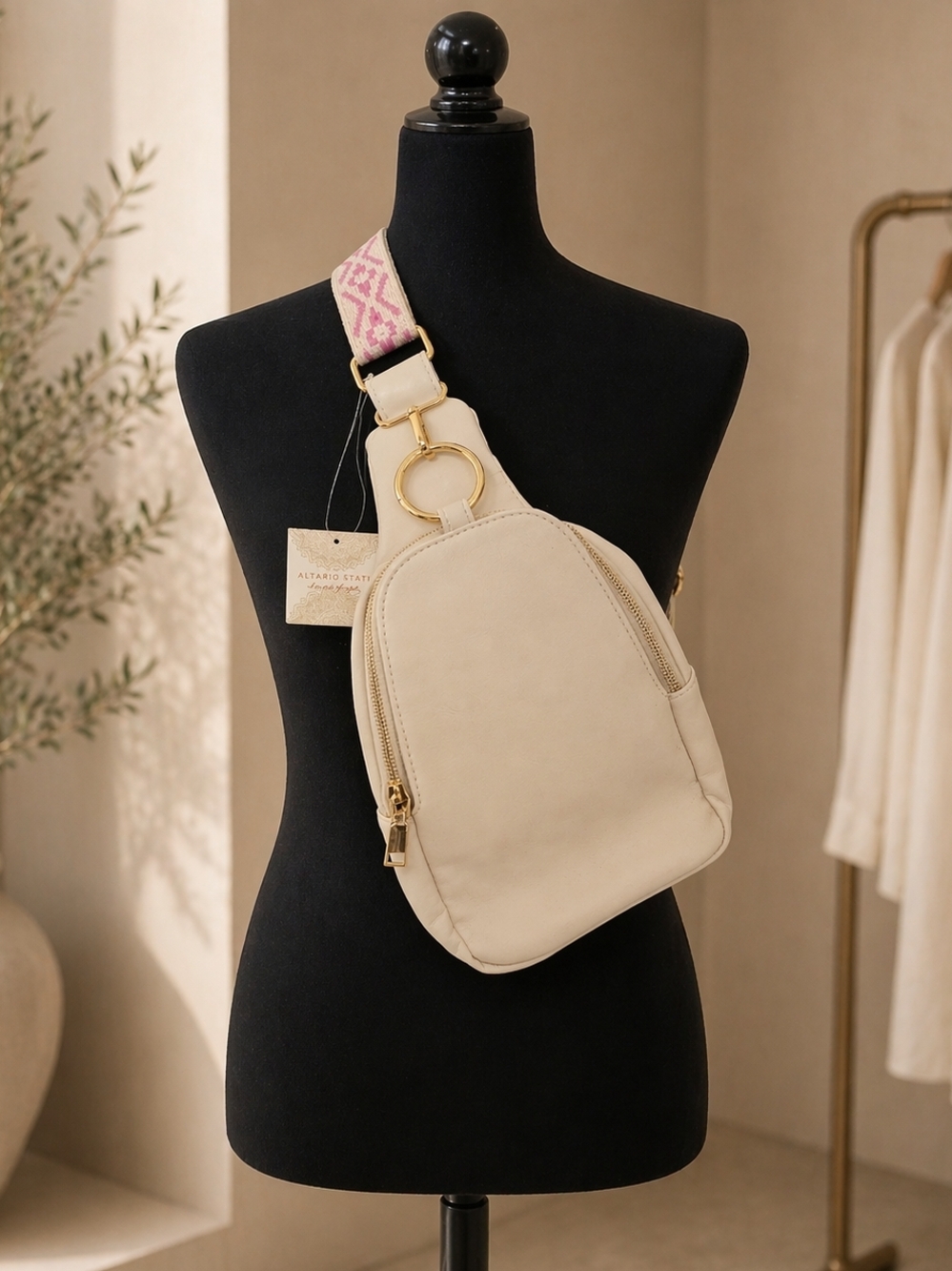 Cream Crossbody Sling Bag with Pink Patterned Strap